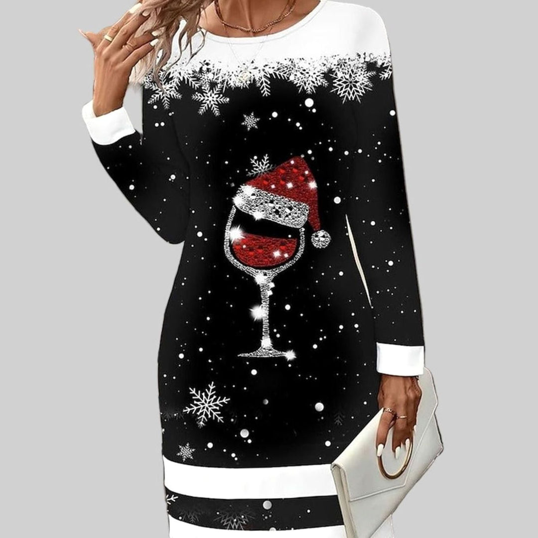 Damen Weihnachtskleid mit Weinglas und Weihnachtsmannmotiv Pulloverkleid