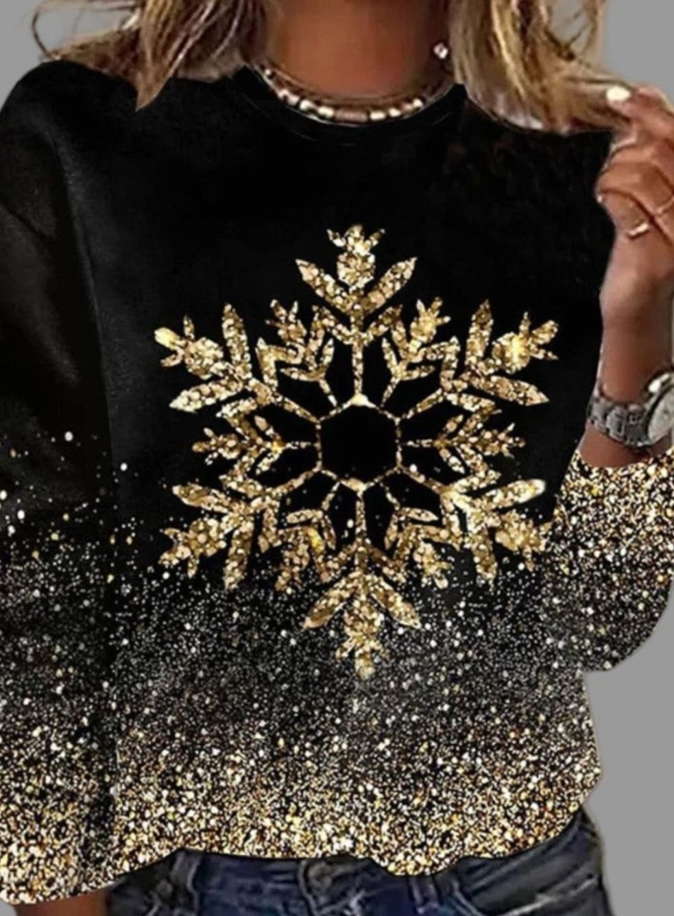 Damen Weihnachtspullover goldenen Schneeflocken Glitzer Rundhals