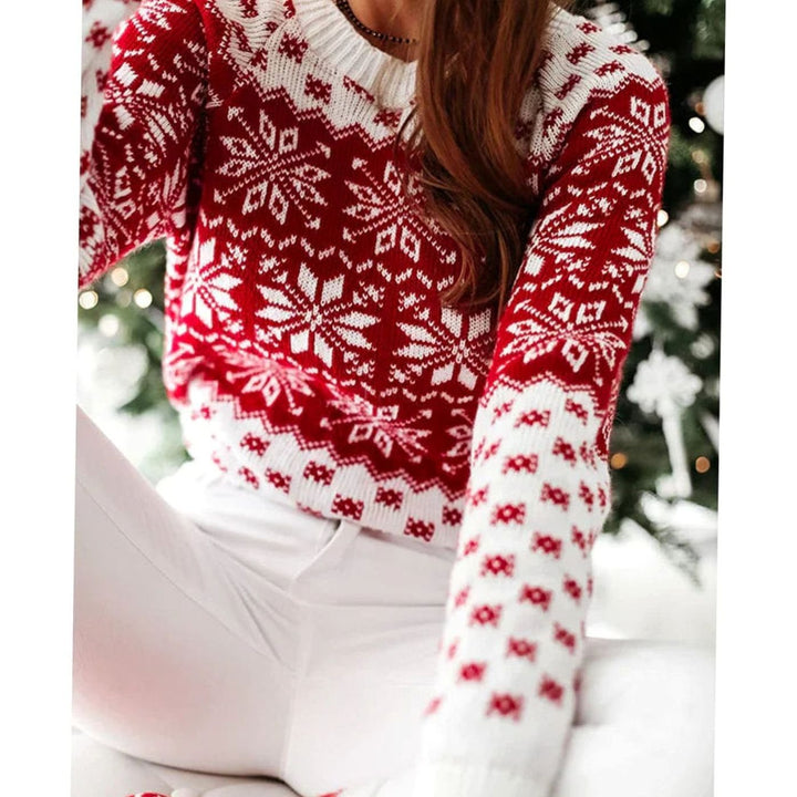 Damen Weihnachtspullover im Fair-Isle-Muster Lockerer Rundhals-Strickpullover - Dunkelrot