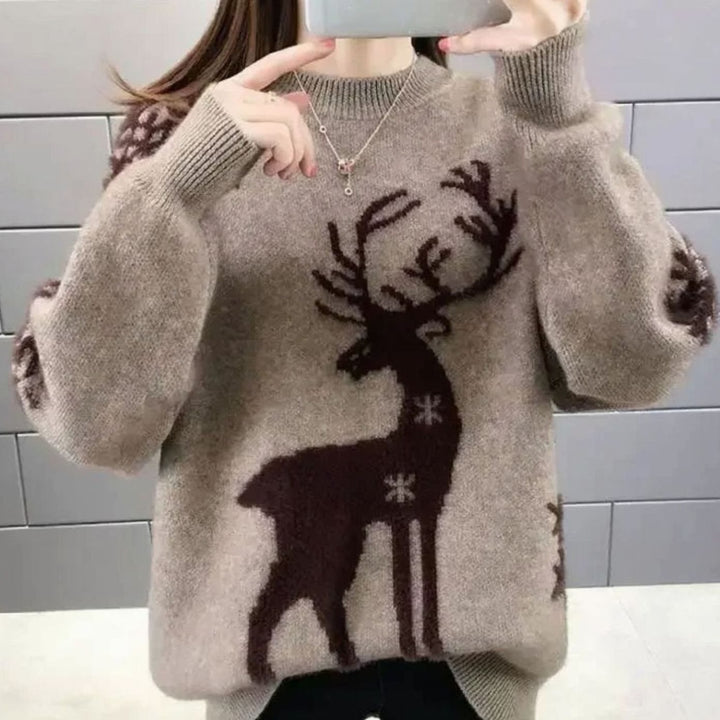 Damen Weihnachtspullover mit Rentiermotiv Oversized Strickpullover - Braun