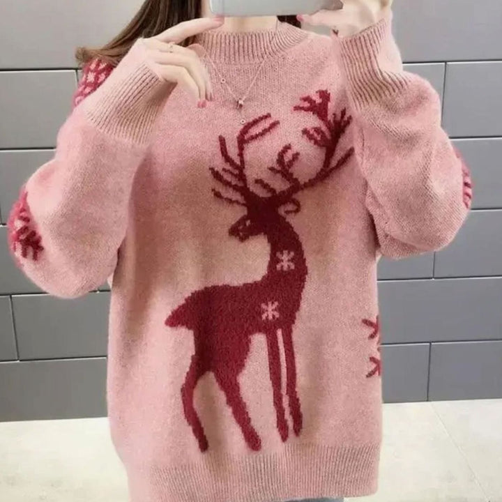 Damen Weihnachtspullover mit Rentiermotiv Oversized Strickpullover - Rosa