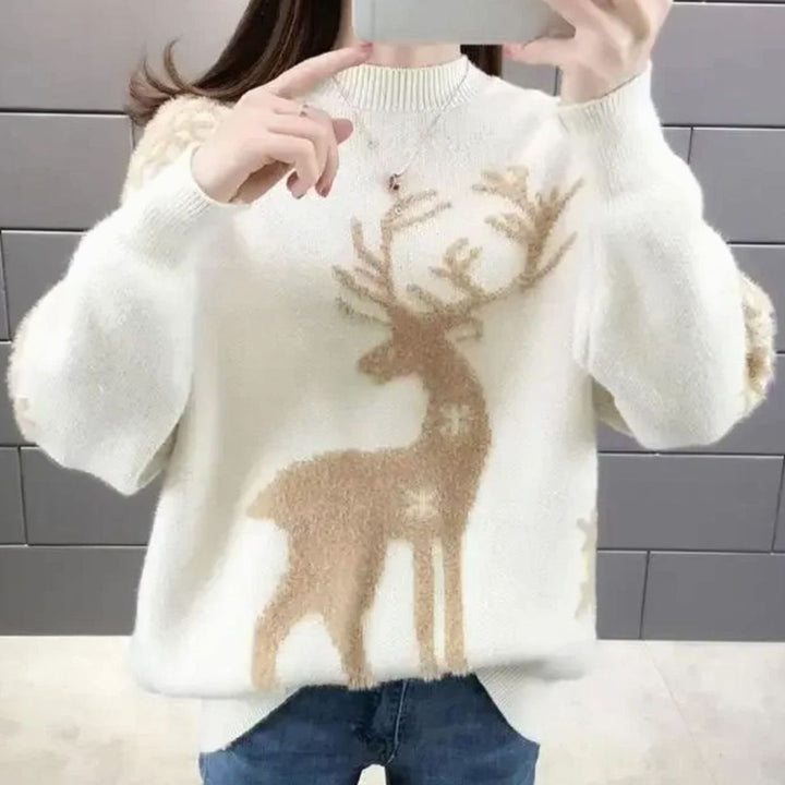 Damen Weihnachtspullover mit Rentiermotiv Oversized Strickpullover - Weiß