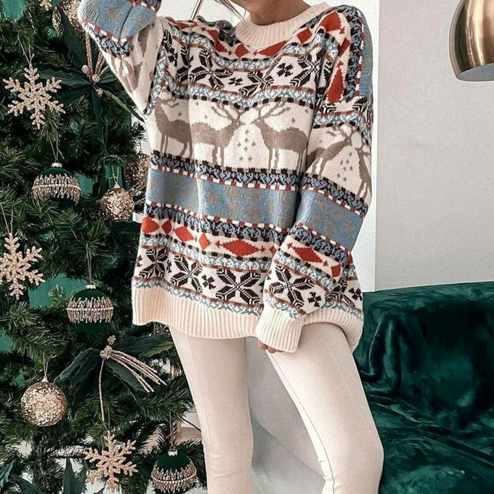 Damen Weihnachtspullover mit Rentiermuster lockere Passform festlicher Strickpullover - Beige