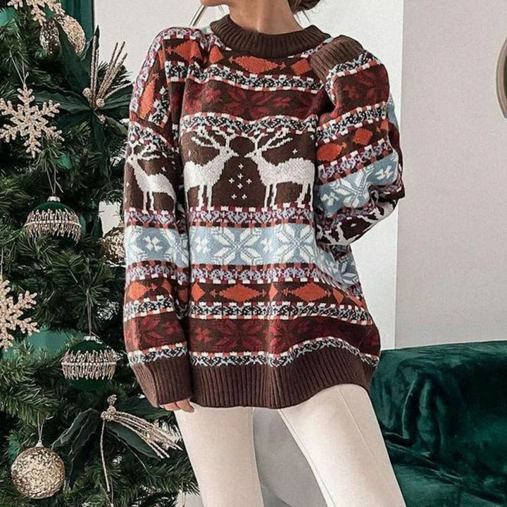 Damen Weihnachtspullover mit Rentiermuster lockere Passform festlicher Strickpullover - Braun