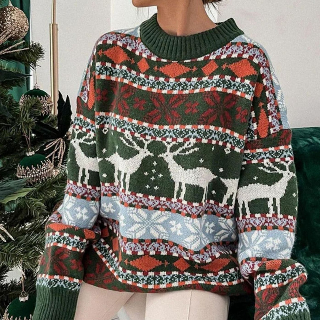 Damen Weihnachtspullover mit Rentiermuster lockere Passform festlicher Strickpullover - Grün
