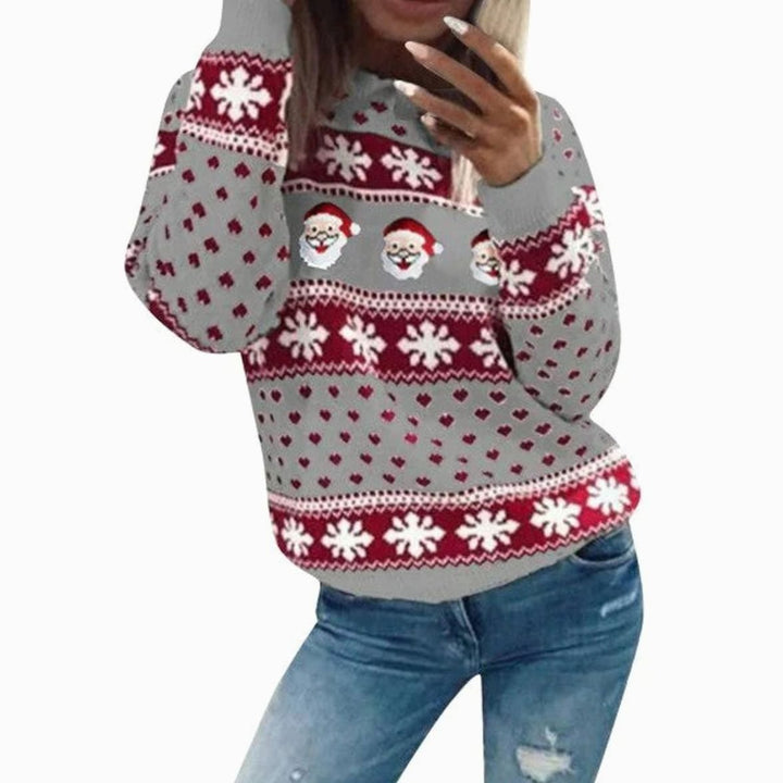 Damen Weihnachtspullover mit Weihnachtsmann und Schneeflockenmuster Rundhals - Grau
