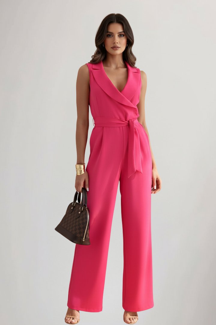 Damen Weitbein-Jumpsuit Blazer-Kragen Bindegürtel Ganzkörper - Fuchsia Pink