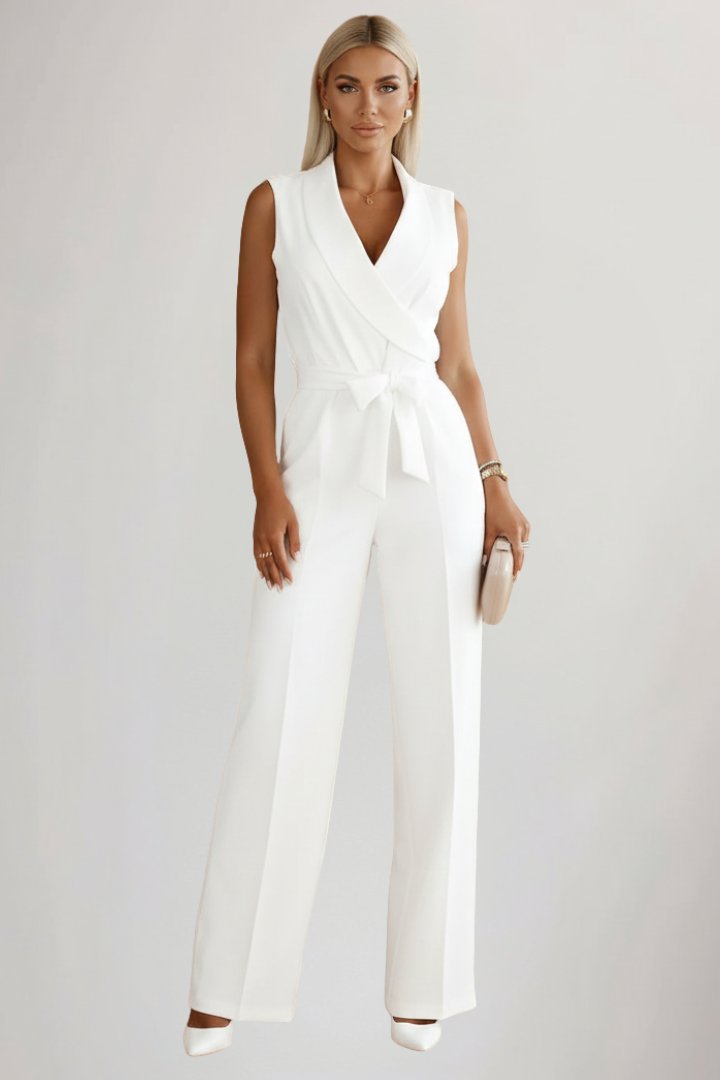 Damen Weitbein-Jumpsuit Blazer-Kragen Bindegürtel Ganzkörper - White