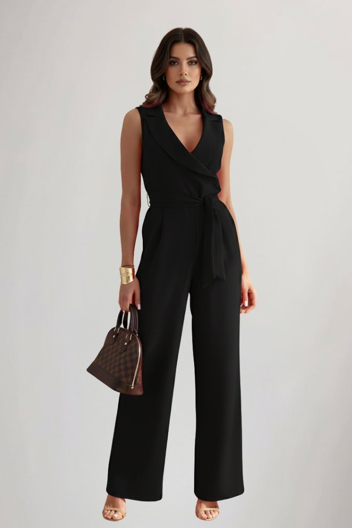 Damen Weitbein-Jumpsuit Blazer-Kragen Bindegürtel Ganzkörper - Black