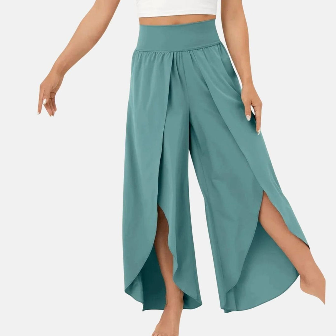 Damen Weitbeinige Boho-Hose mit Schlitzdesign Hochbund - Hellblau