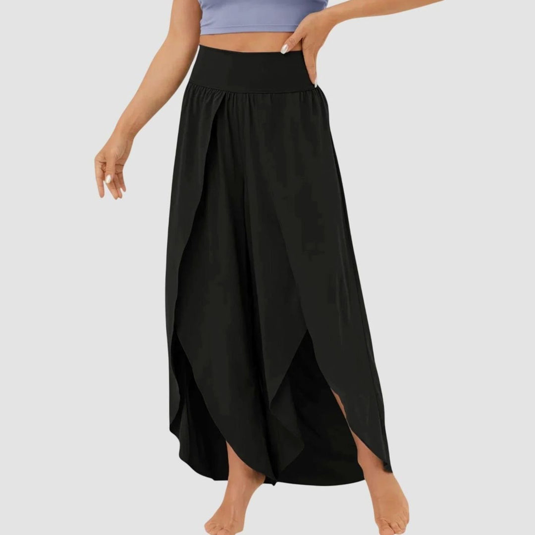 Damen Weitbeinige Boho-Hose mit Schlitzdesign Hochbund - Schwarz
