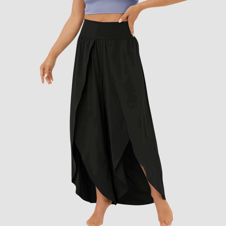 Damen Weitbeinige Boho-Hose mit Schlitzdesign Hochbund - Schwarz