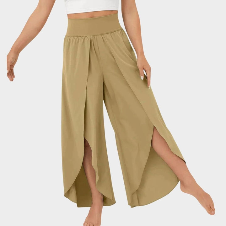 Damen Weitbeinige Boho-Hose mit Schlitzdesign Hochbund - Khaki