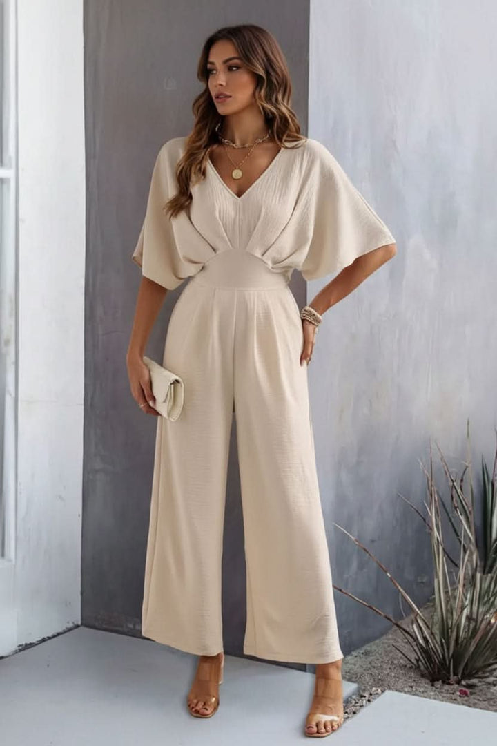 Damen Weites Bein V-Ausschnitt Fledermausärmel Jumpsuit Hohe Taille