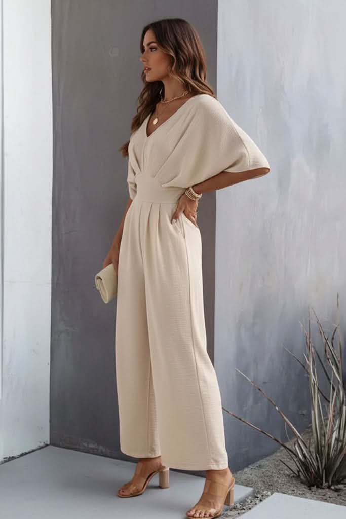 Damen Weites Bein V-Ausschnitt Fledermausärmel Jumpsuit Hohe Taille