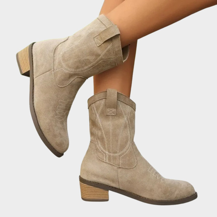 Damen Western Ankle Boots Stiefeletten mit Steppdetails - Grau