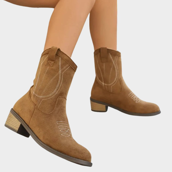 Damen Western Ankle Boots Stiefeletten mit Steppdetails - Khaki