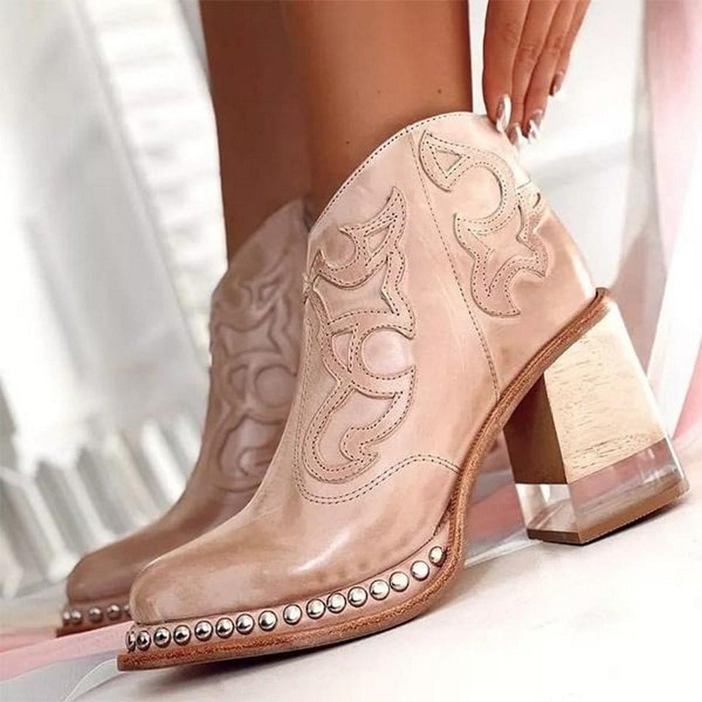 Damen Western Stiefel Blockabsatz Leder Nieten - Dune Pink
