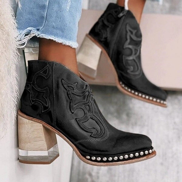 Damen Western Stiefel Blockabsatz Leder Nieten - Santafe Black