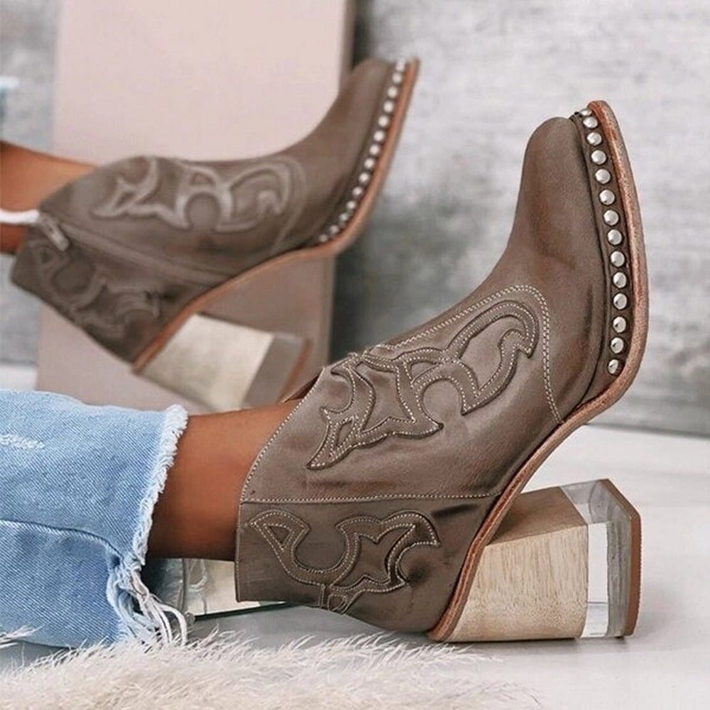 Damen Western Stiefel Blockabsatz Leder Nieten - Texan Brown