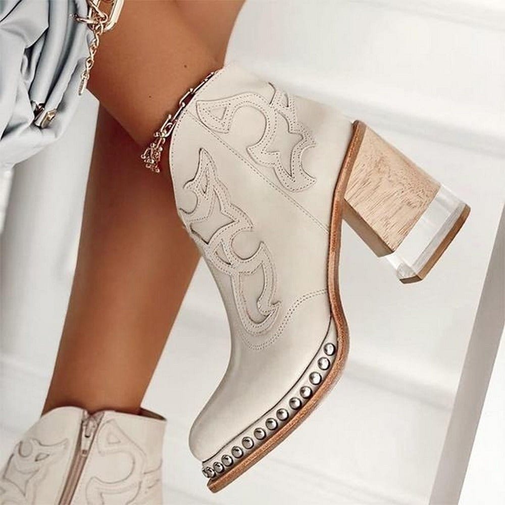 Damen Western Stiefel Blockabsatz Leder Nieten - Vegas White