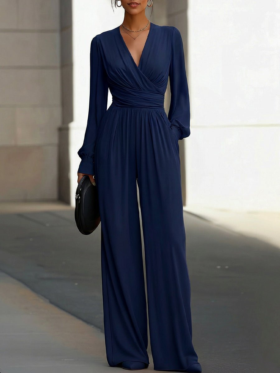 Damen Wickel Jumpsuit Langarm Weites Bein V-Ausschnitt - Navy Blue