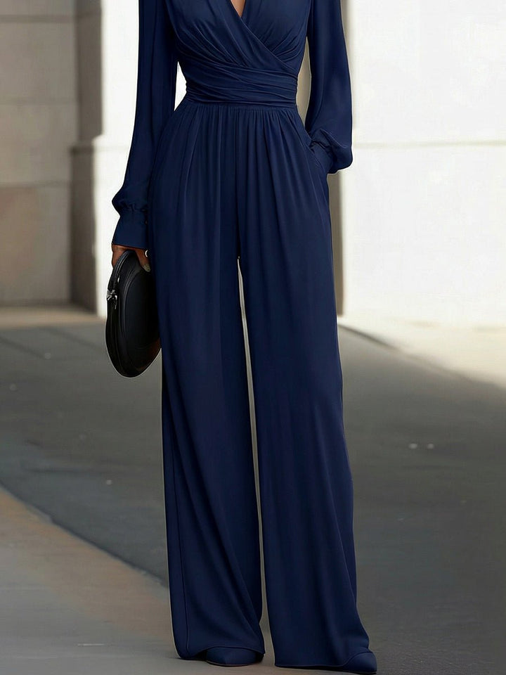 Damen Wickel Jumpsuit Langarm Weites Bein V-Ausschnitt