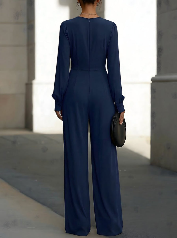 Damen Wickel Jumpsuit Langarm Weites Bein V-Ausschnitt