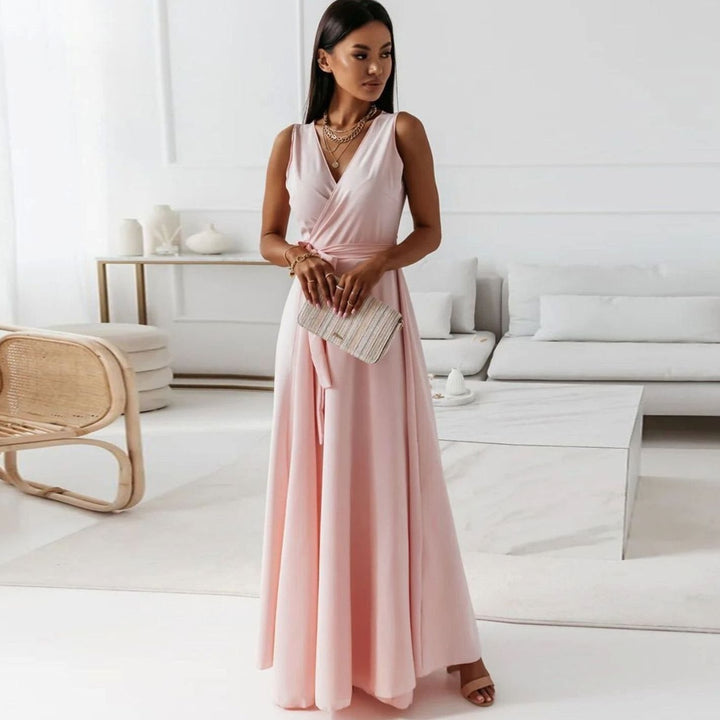 Damen Wickel-Maxi-Kleid für Hochzeitsgäste Ärmellos V-Ausschnitt - Blassrosa
