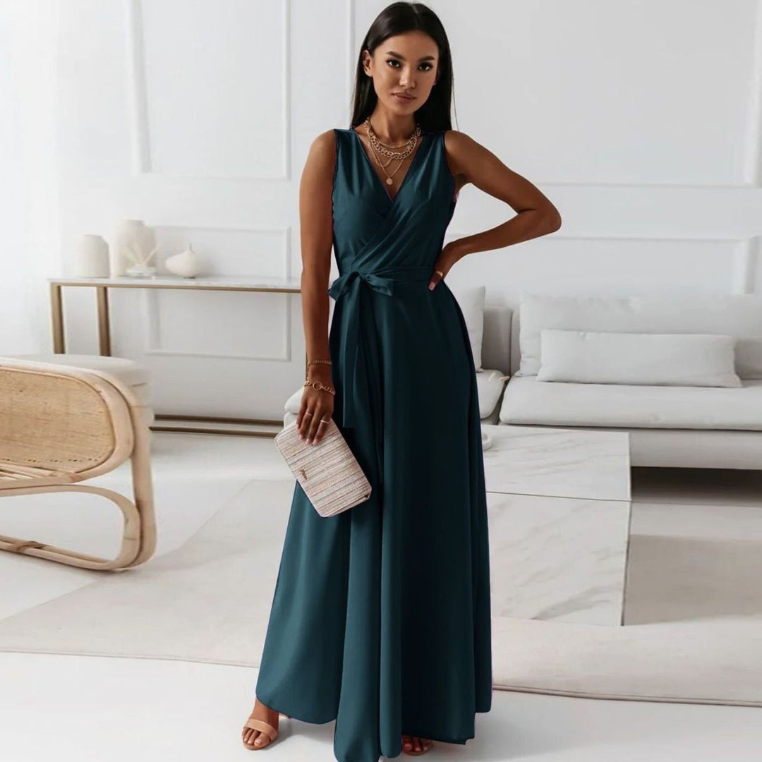 Damen Wickel-Maxi-Kleid für Hochzeitsgäste Ärmellos V-Ausschnitt - Dunkelgrün