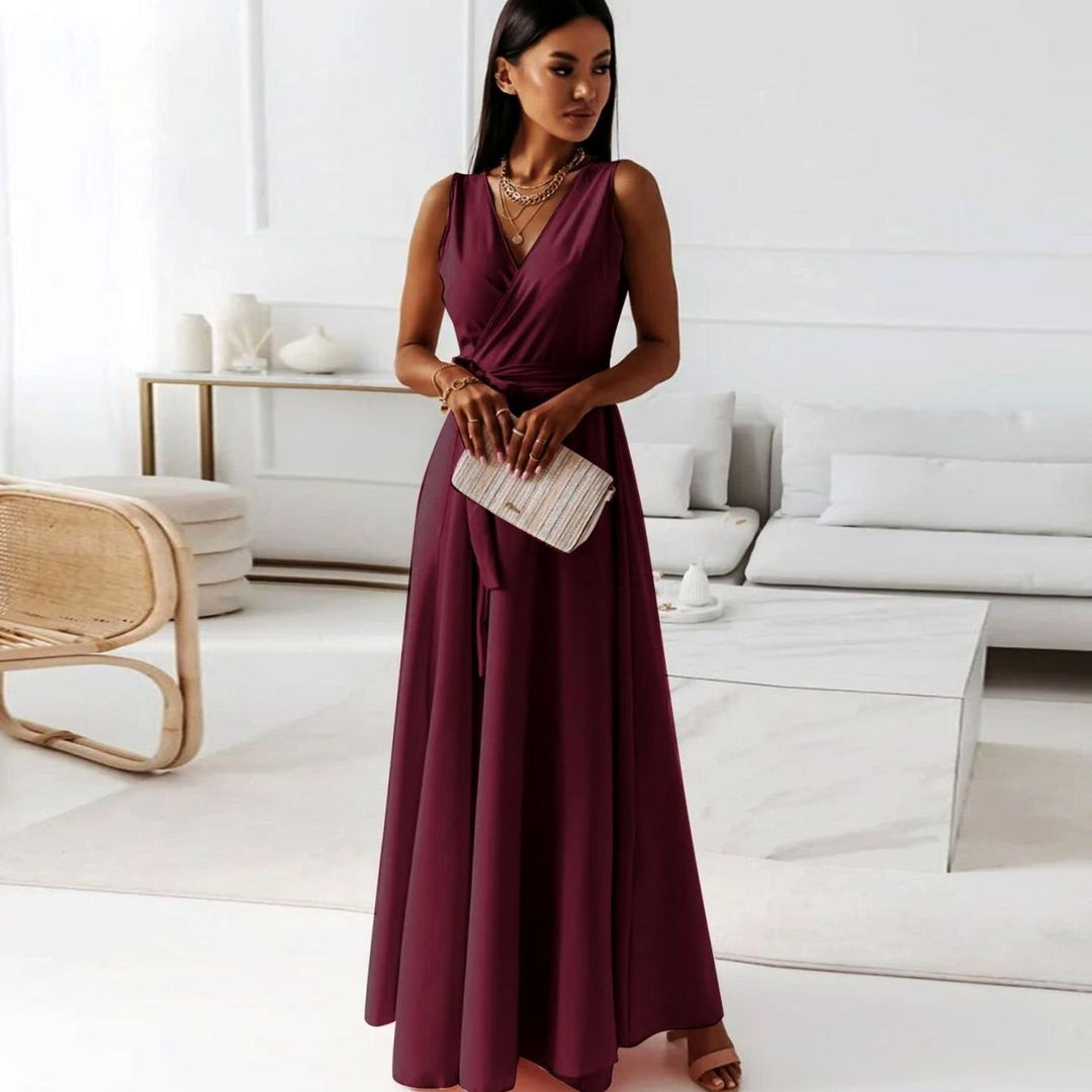 Damen Wickel-Maxi-Kleid für Hochzeitsgäste Ärmellos V-Ausschnitt - Burgund