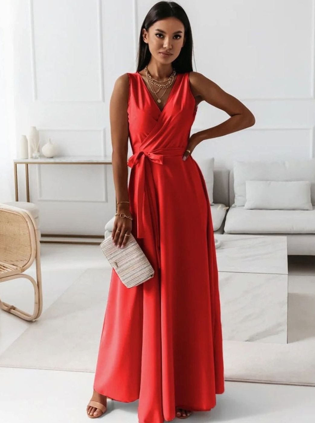 Damen Wickel-Maxi-Kleid für Hochzeitsgäste Ärmellos V-Ausschnitt - Rot