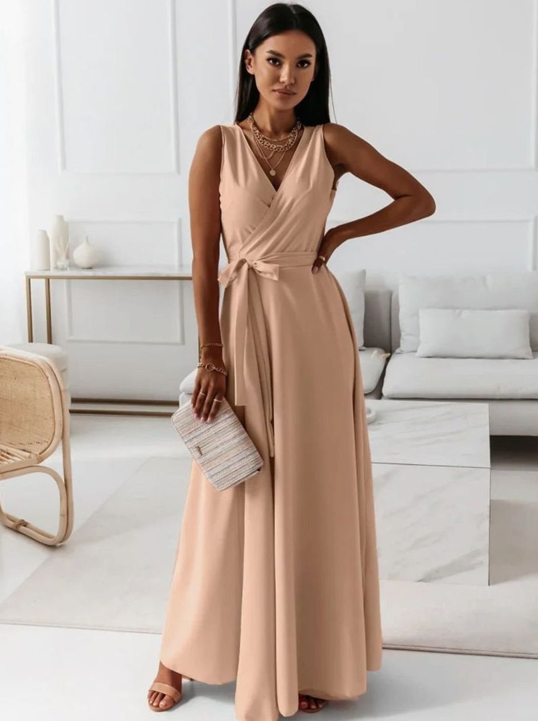 Damen Wickel-Maxi-Kleid für Hochzeitsgäste Ärmellos V-Ausschnitt - Khaki
