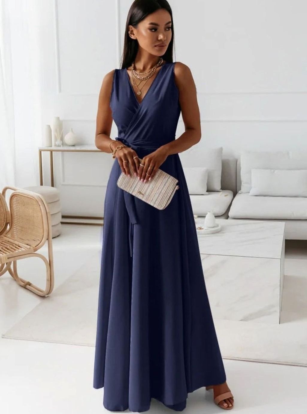 Damen Wickel-Maxi-Kleid für Hochzeitsgäste Ärmellos V-Ausschnitt - Marineblau