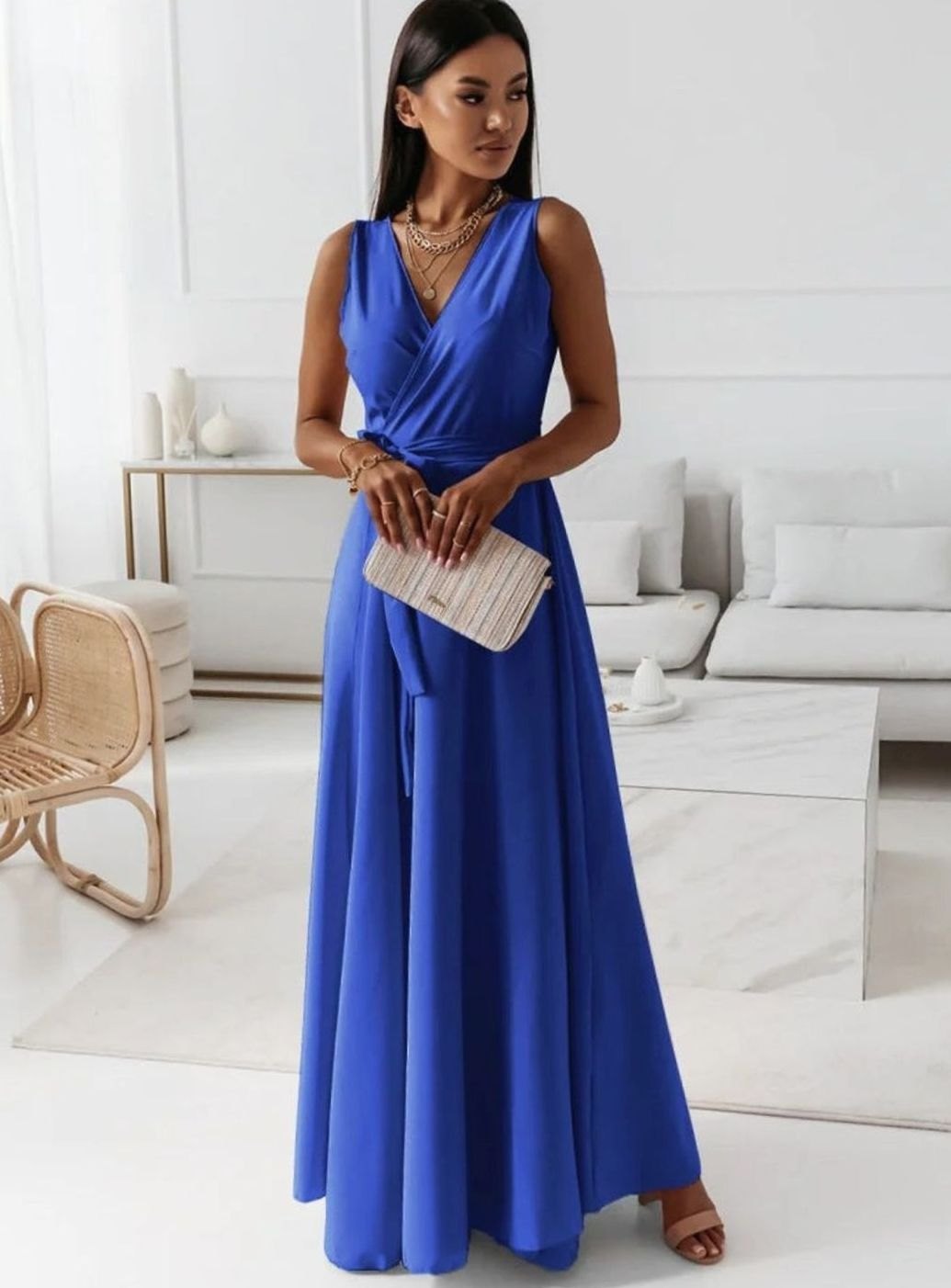 Damen Wickel-Maxi-Kleid für Hochzeitsgäste Ärmellos V-Ausschnitt - Blau