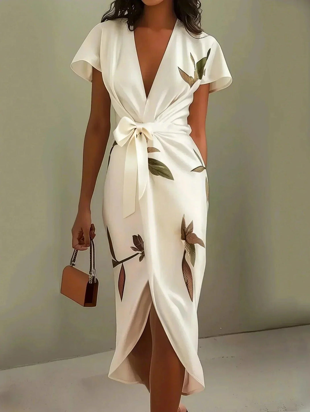 Damen Wickelkleid Midi V-Ausschnitt Blättermuster - White