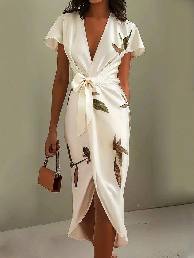 Damen Wickelkleid Midi V-Ausschnitt Blättermuster