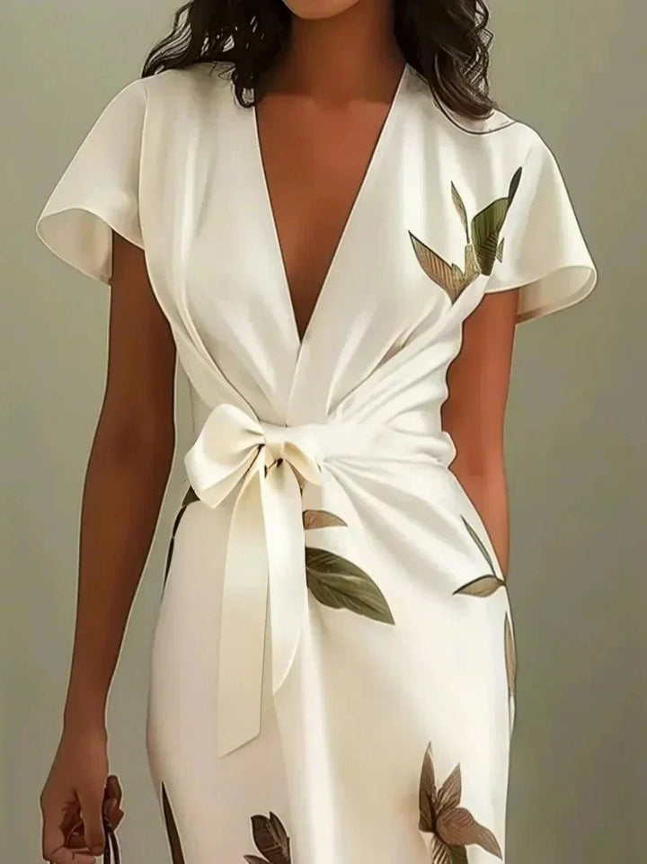 Damen Wickelkleid Midi V-Ausschnitt Blättermuster