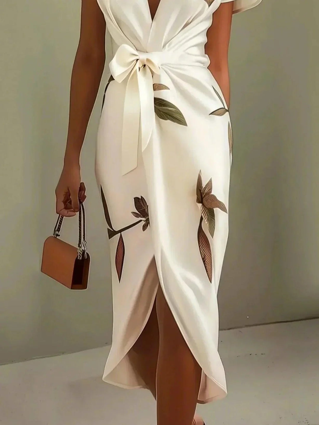 Damen Wickelkleid Midi V-Ausschnitt Blättermuster