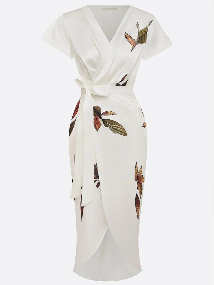 Damen Wickelkleid Midi V-Ausschnitt Blättermuster