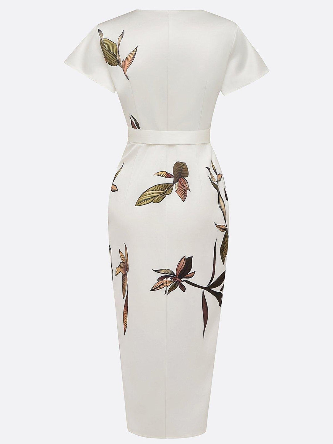 Damen Wickelkleid Midi V-Ausschnitt Blättermuster