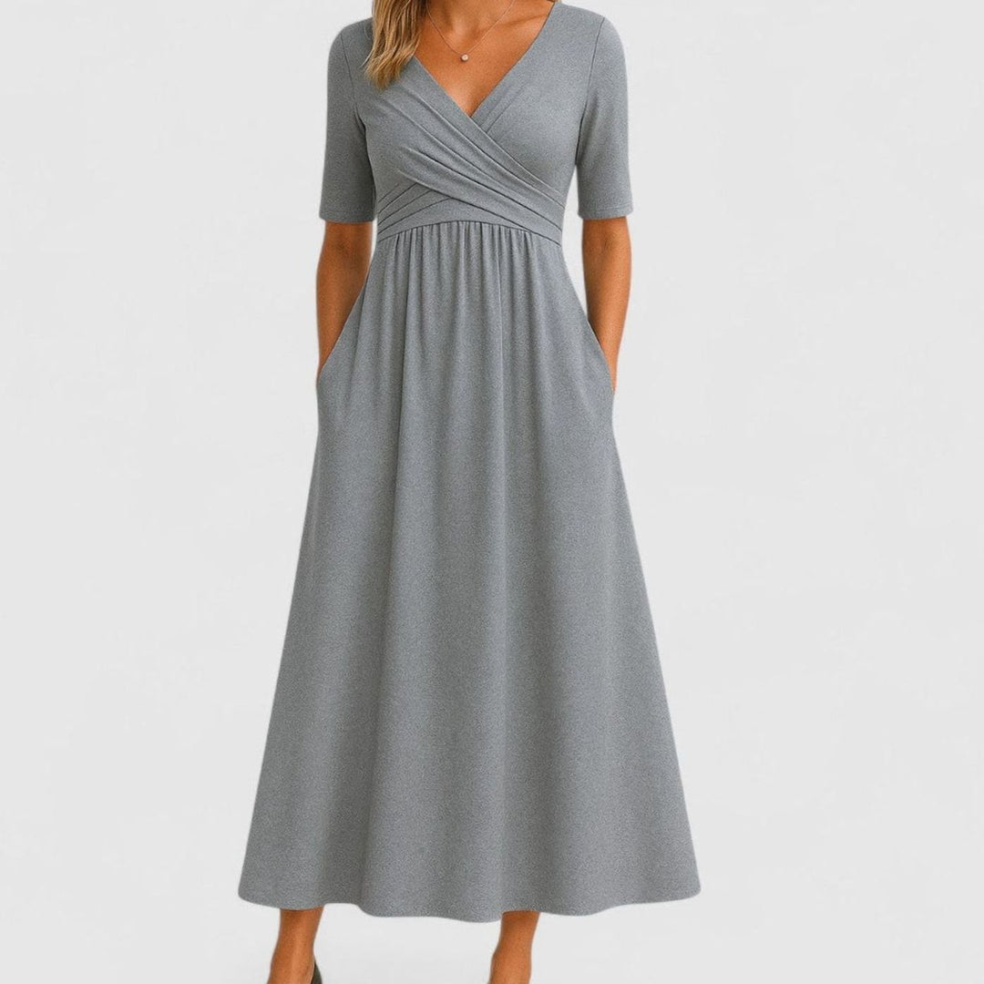 Damen Wickelkleid mit V-Ausschnitt Kurzarm A-Linie Midi - Grau