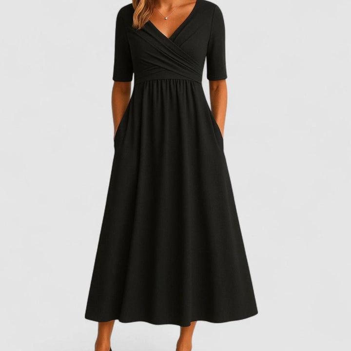 Damen Wickelkleid mit V-Ausschnitt Kurzarm A-Linie Midi - Schwarz