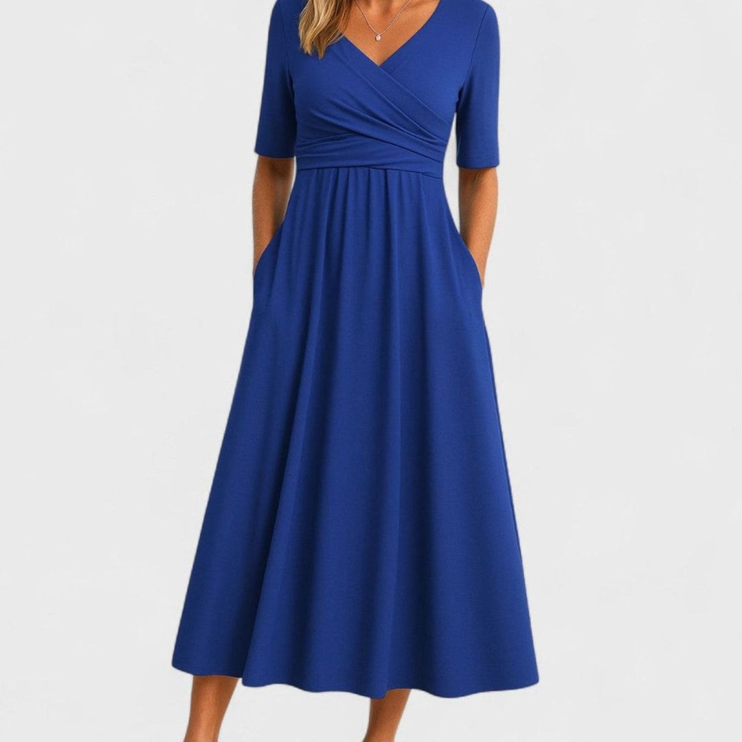 Damen Wickelkleid mit V-Ausschnitt Kurzarm A-Linie Midi - Blau