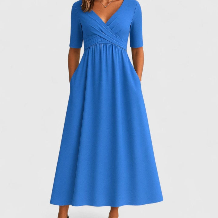 Damen Wickelkleid mit V-Ausschnitt Kurzarm A-Linie Midi - Azurblau