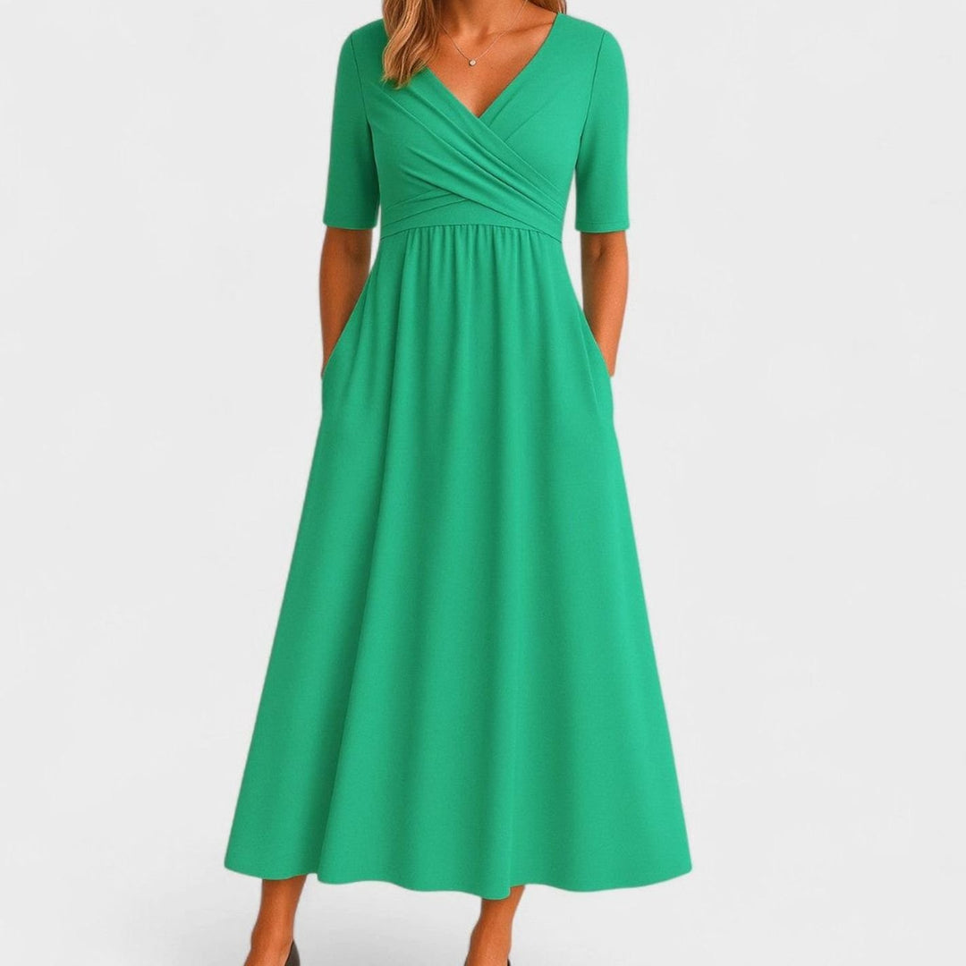 Damen Wickelkleid mit V-Ausschnitt Kurzarm A-Linie Midi - Grün