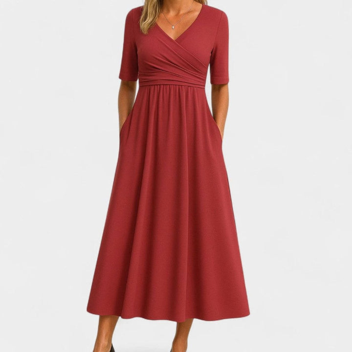 Damen Wickelkleid mit V-Ausschnitt Kurzarm A-Linie Midi - Rot