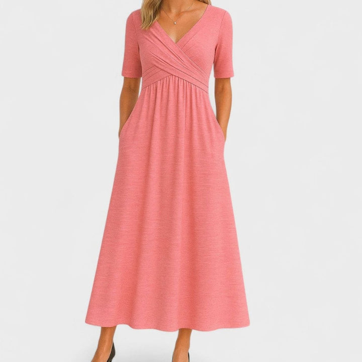 Damen Wickelkleid mit V-Ausschnitt Kurzarm A-Linie Midi - Rosa