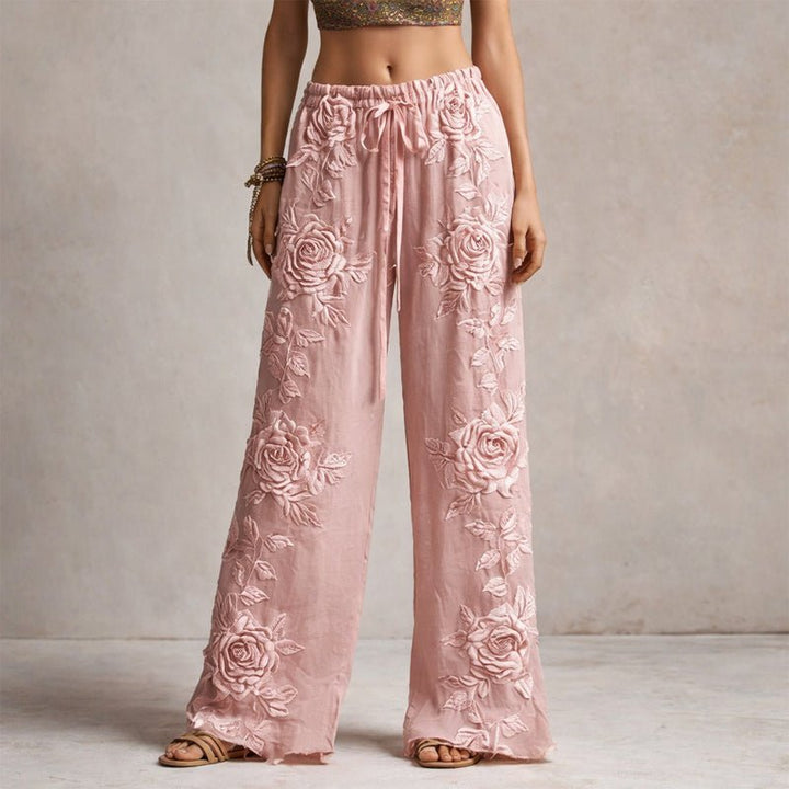 Damen Wide-Leg Hose mit floraler Stickerei elastischer Bund - Pink