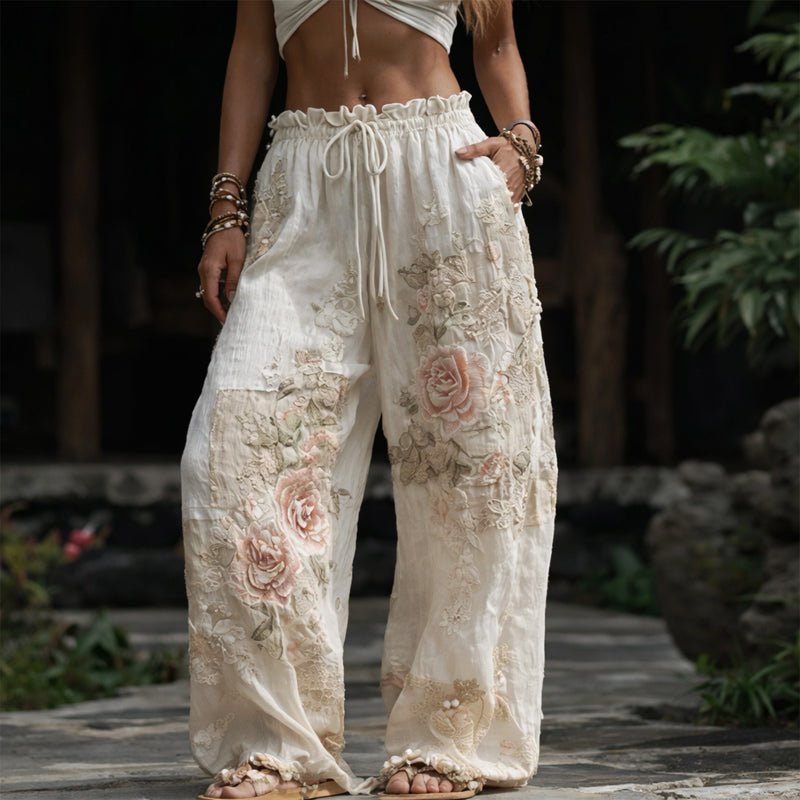 Damen Wide-Leg Hose mit floraler Stickerei elastischer Bund - Beige